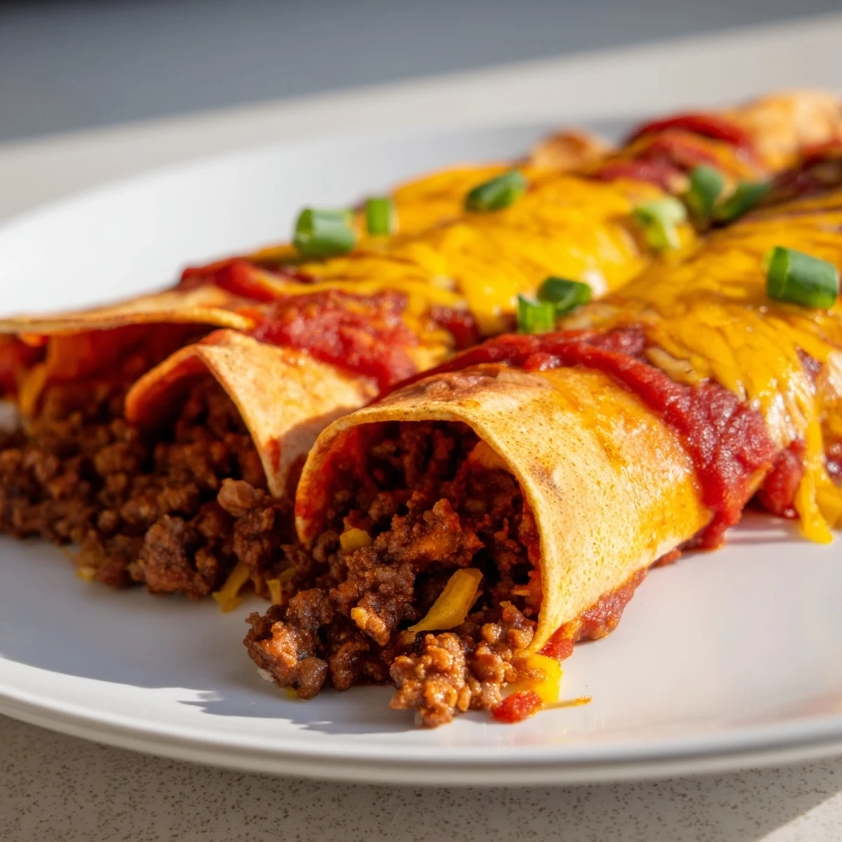 Close-up image of Beef Enchiladas with Red Enchilada Sauce, featuring tender beef filling and rich red sauce in a baking dish.