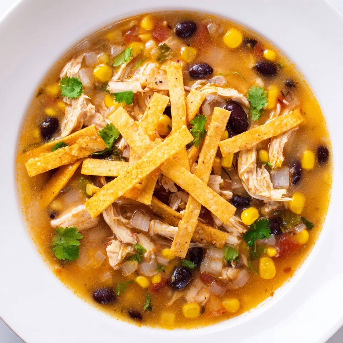Steaming bowl of Chicken Tortilla Soup with Crispy Strips garnished with cilantro and lime wedges.