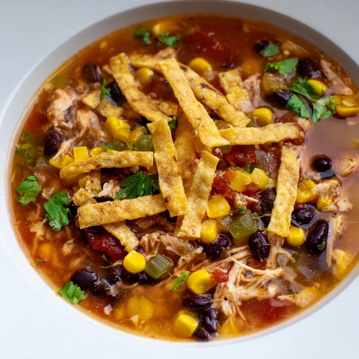 Close-up of Chicken Tortilla Soup with Crispy Strips served in a rustic bowl alongside fresh lime.