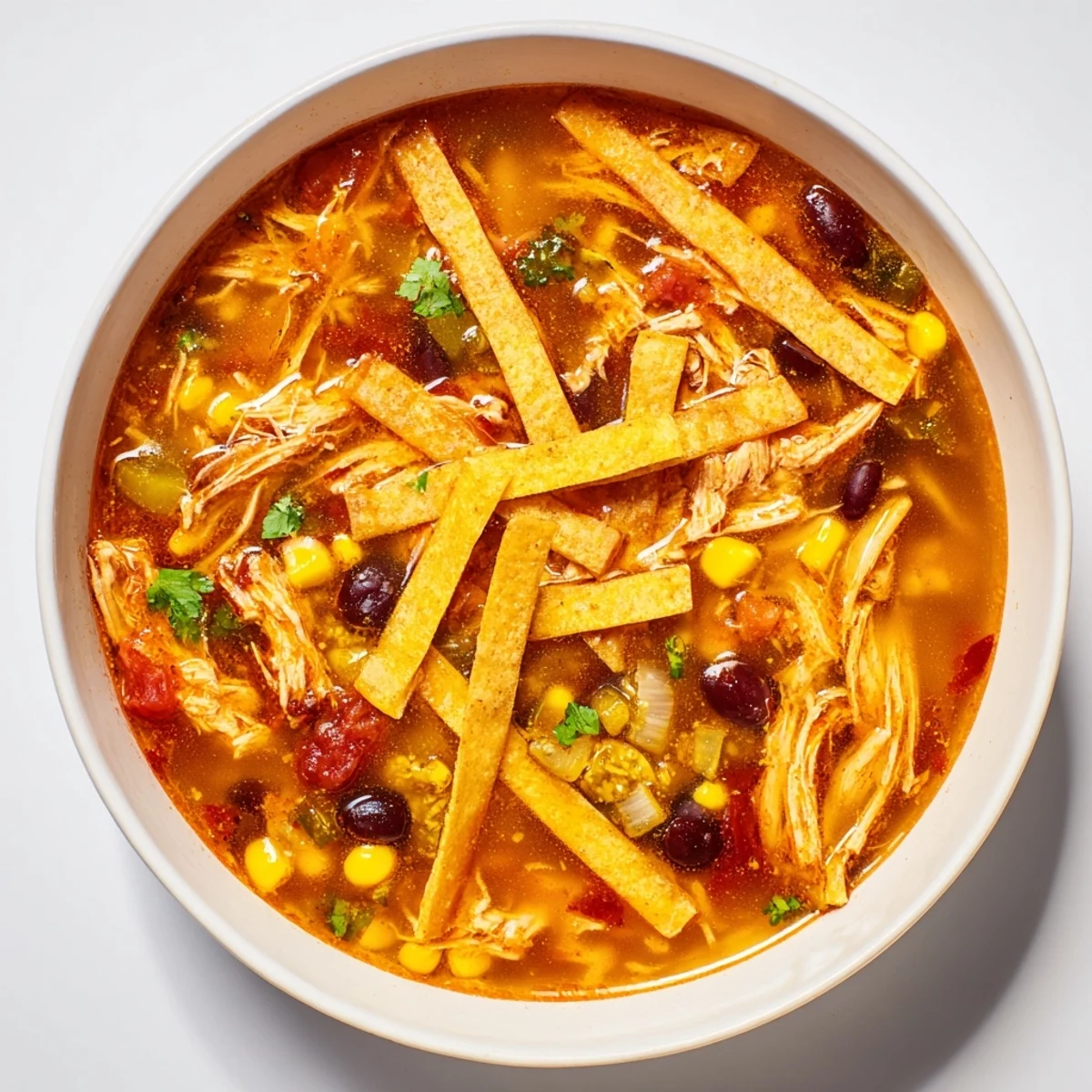 A ladle pours homemade Chicken Tortilla Soup with Crispy Strips topped with diced avocado and corn.