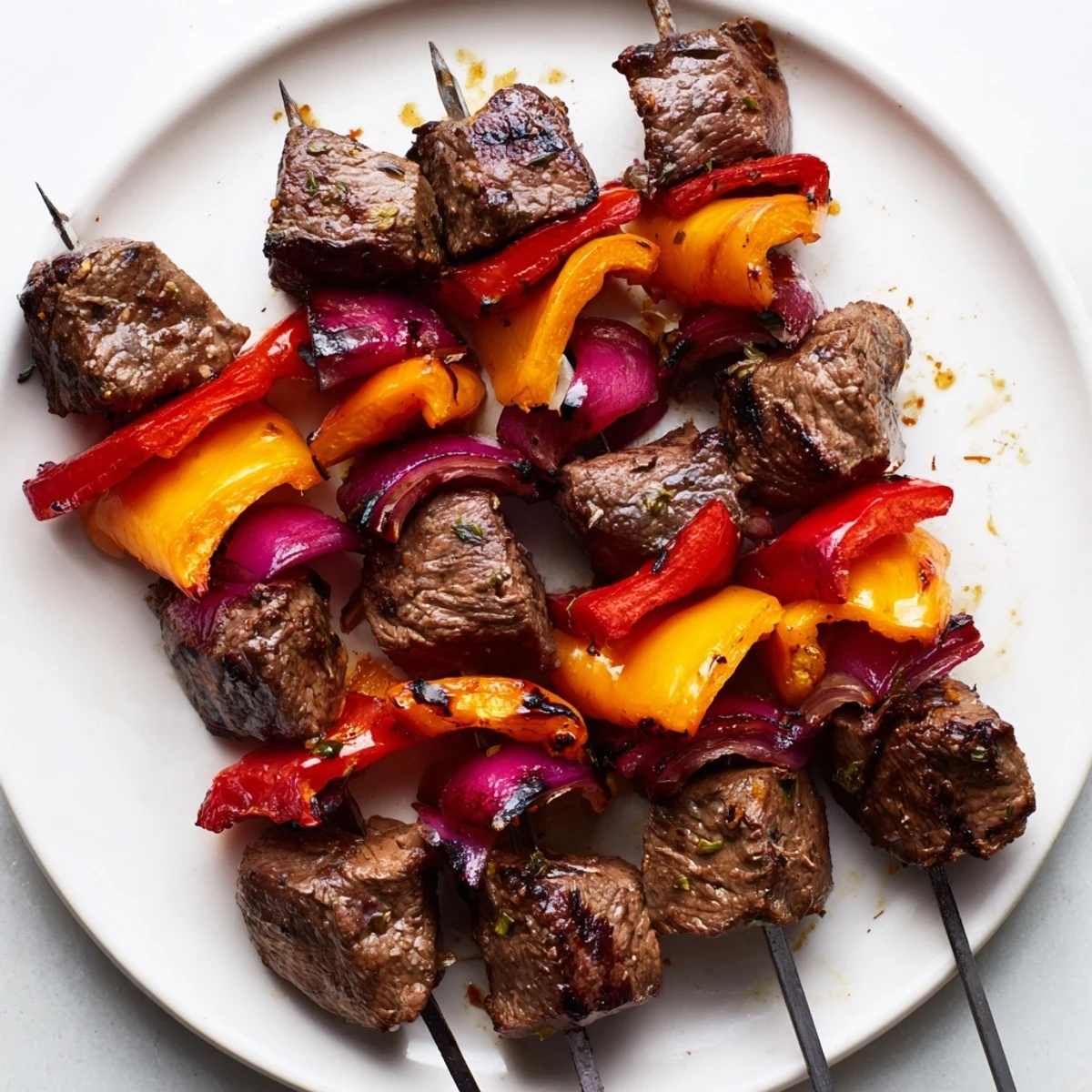 This classic summer grilling dish showcases juicy beef and charred vegetables, served hot off the grill alongside rice or flatbread.