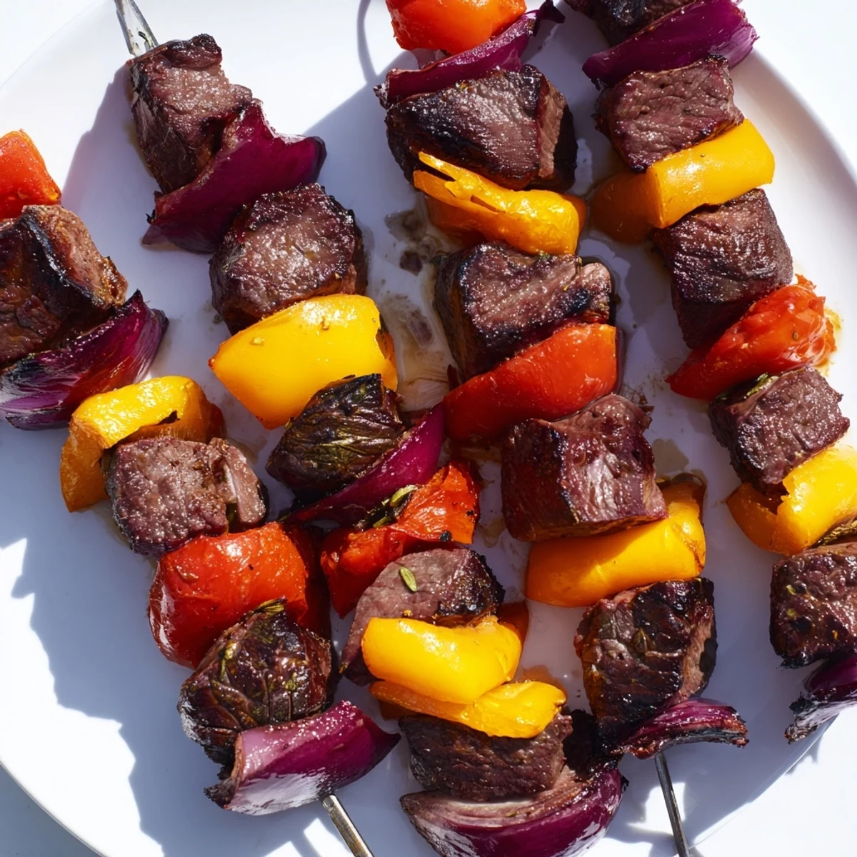 Colorful skewers of Beef Kebabs with Bell Peppers and Onions feature seared meat and sweet onions, perfect for an easy outdoor dinner.
