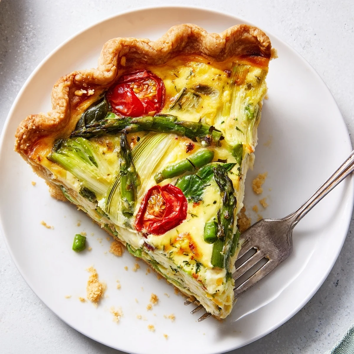 Spring Vegetable Quiche with Crust features tender leeks and sugar snap peas on a buttery crust.