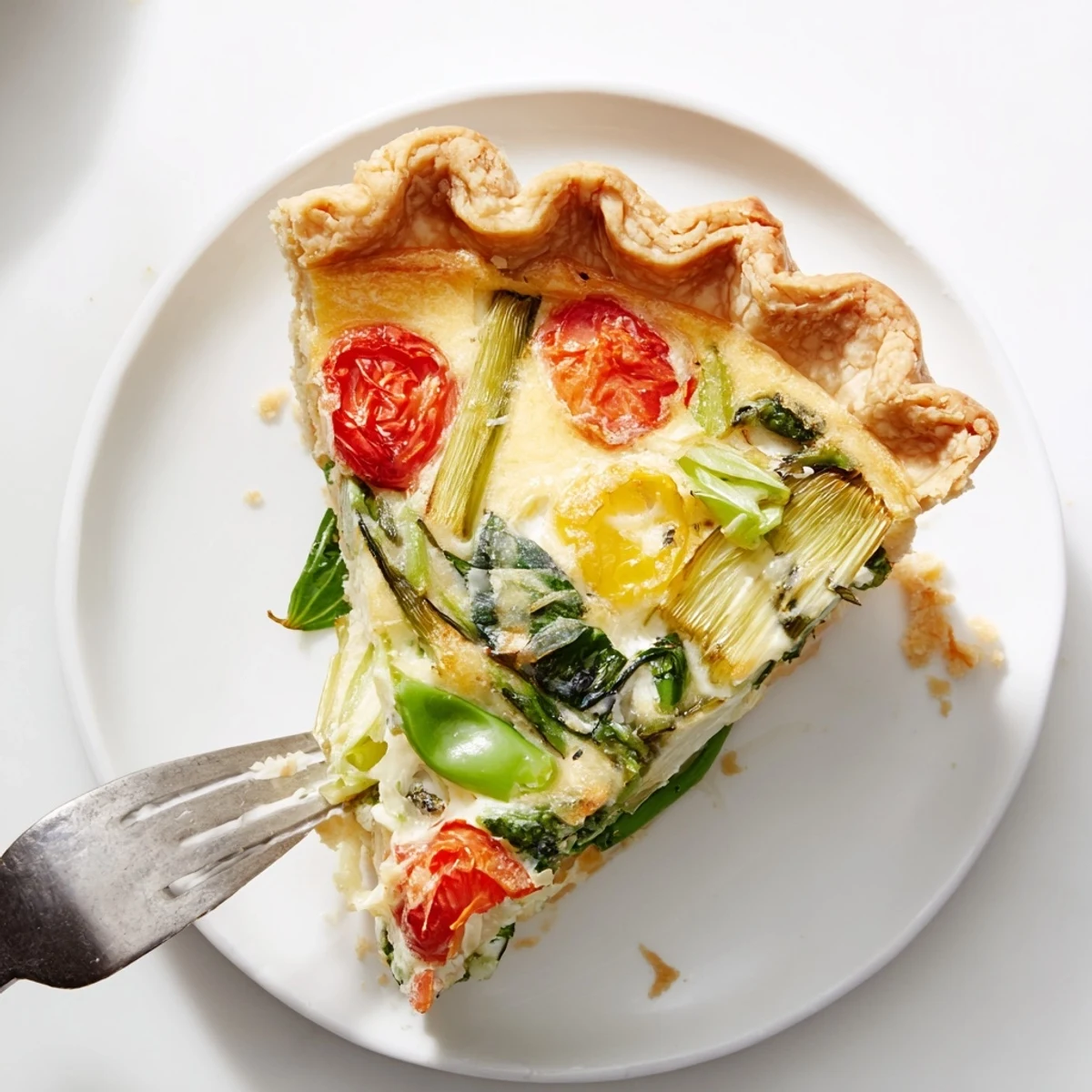 Savory Spring Vegetable Quiche with Crust is garnished with cherry tomatoes, Gruyère, and served warm.
