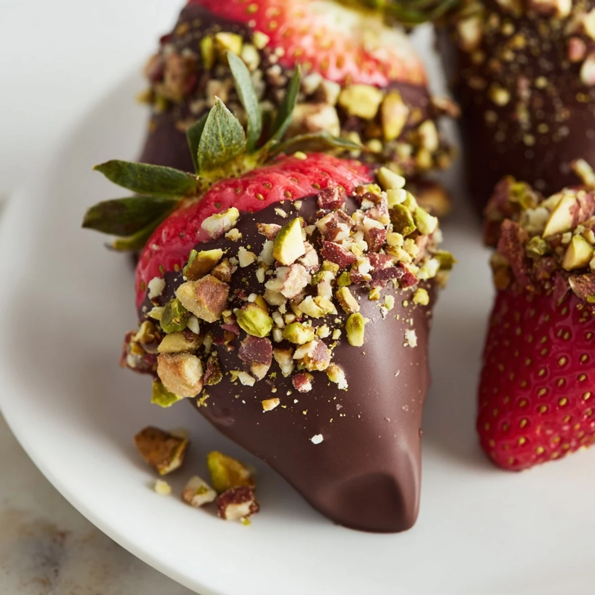 Fresh strawberries dipped in rich dark chocolate and sprinkled with chopped nuts on a baking sheet.