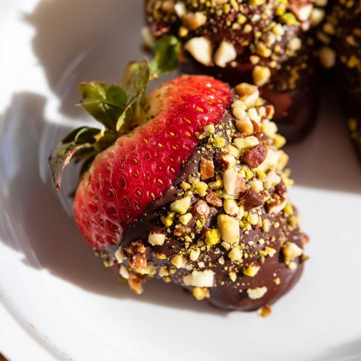 A close-up view shows chocolate dipped strawberries with nuts glistening under soft light.