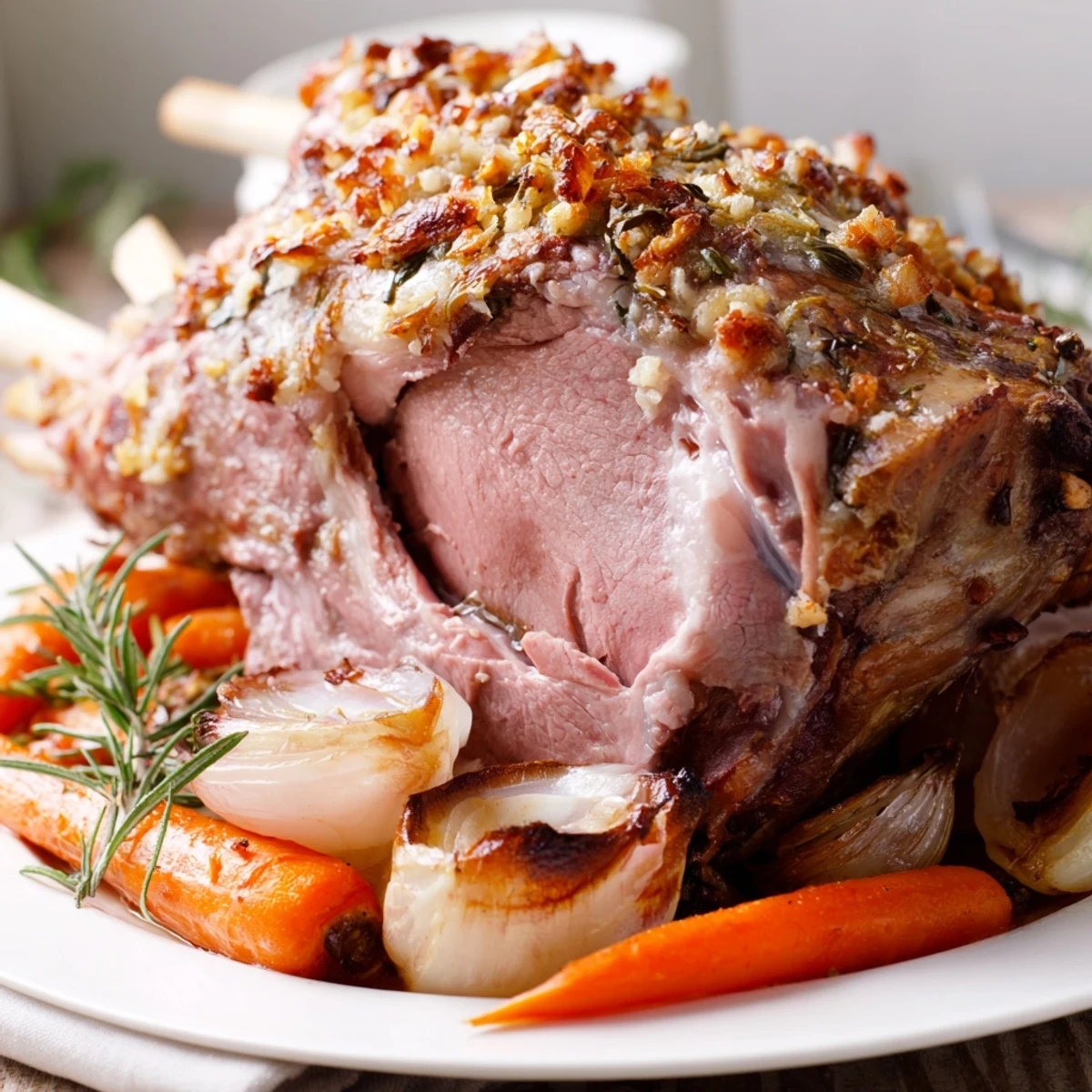 Roasted Lamb Leg with Rosemary and Garlic rests on a bed of caramelized onions and carrots, releasing savory aromas ideal for a festive gathering.