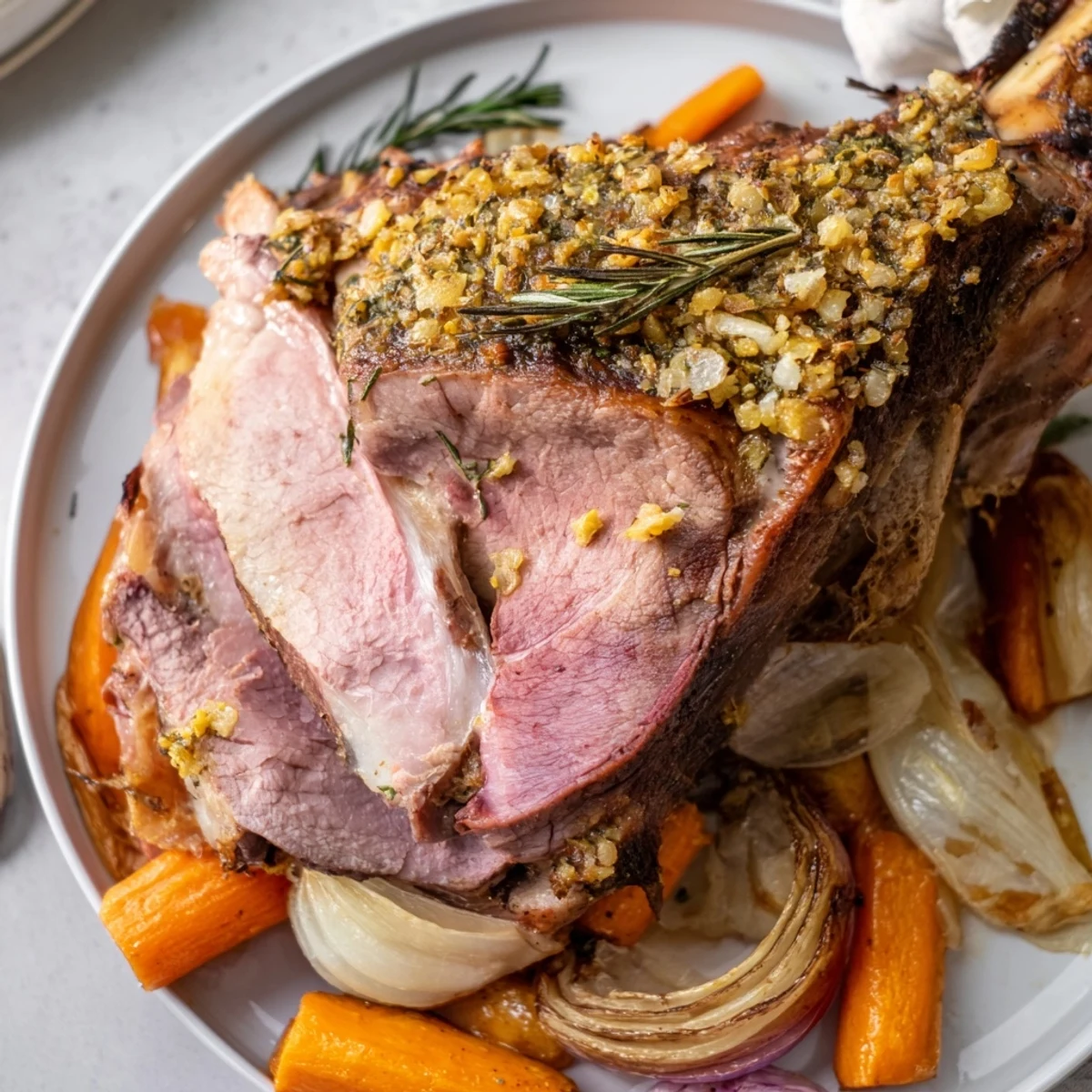 Juicy slices of Roasted Lamb Leg with Rosemary and Garlic are plated with roasted potatoes and a fresh green salad, perfect for a gluten-free dinner.