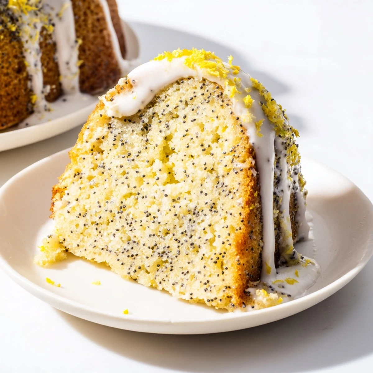 A freshly glazed Lemon Poppy Seed Bundt Cake with Icing served on a white plate with sliced lemons nearby.