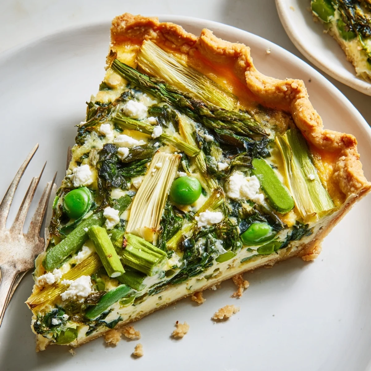 Fresh Spring Vegetable Quiche with Flaky Crust is served warm on a plate beside a crisp green salad.