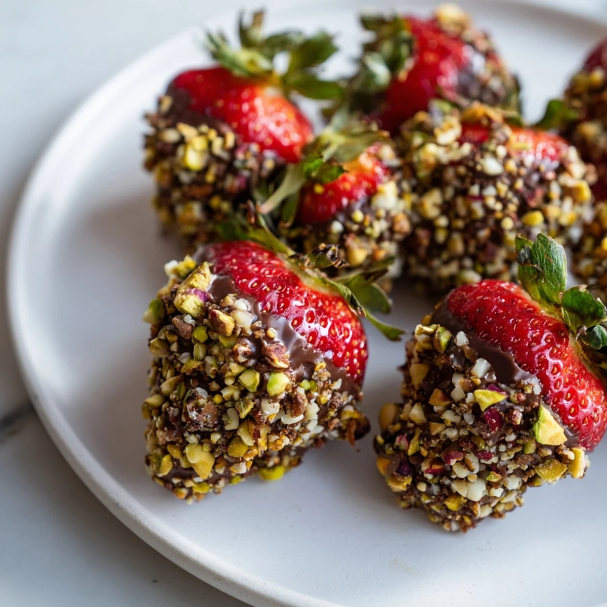 Luscious Chocolate Dipped Strawberries with Chopped Nuts are served on a marble board, ready to enjoy with coffee.