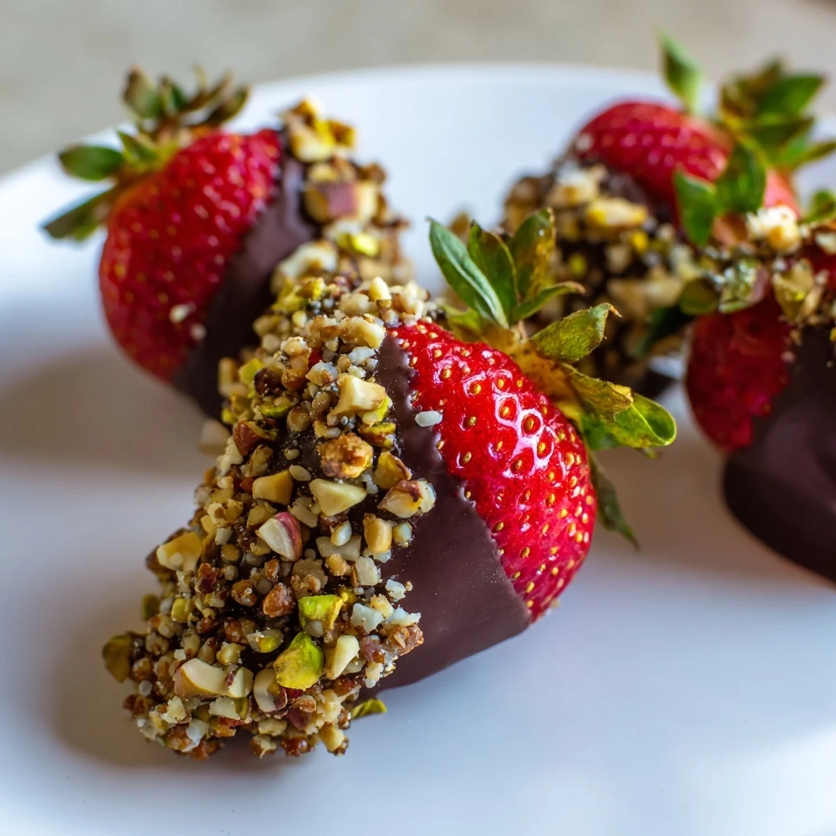 Freshly dipped Chocolate Dipped Strawberries with Chopped Nuts glisten on a white plate, perfect for an elegant party dessert.