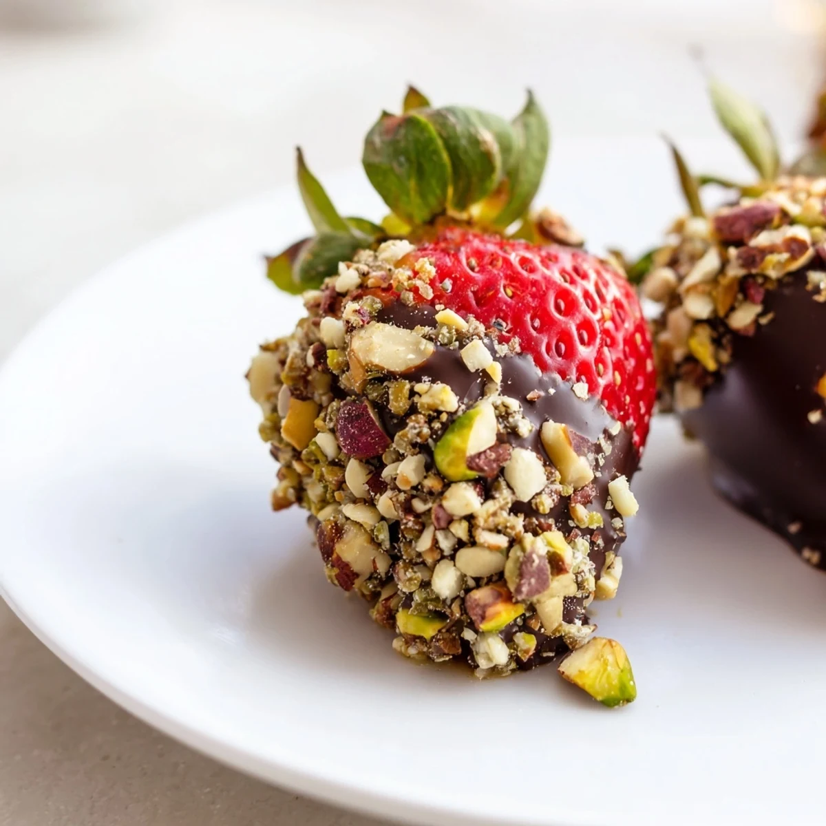 A close-up of Chocolate Dipped Strawberries with Chopped Nuts shows rich dark chocolate and crunchy nuts on ripe red berries.