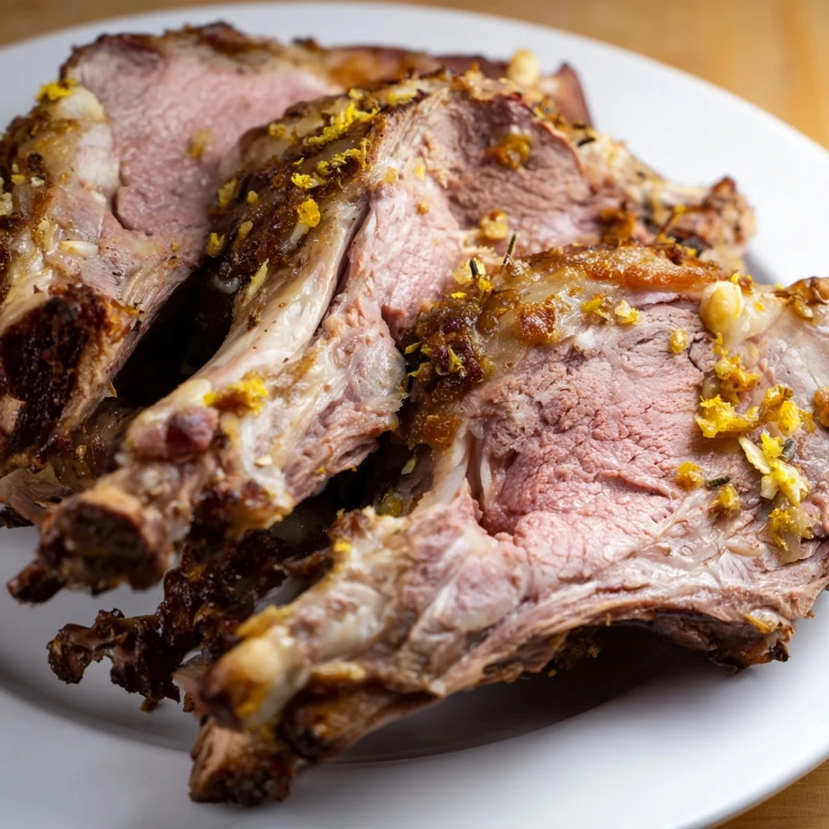 A roasted lamb leg with rosemary and garlic rests on a platter surrounded by caramelized carrots, onions, and celery, ready for carving.