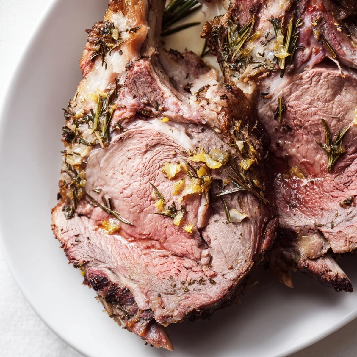 The rosemary and garlic roasted lamb leg is sliced to show juicy pink interior, with lemon wedges and fresh herb garnish nearby.