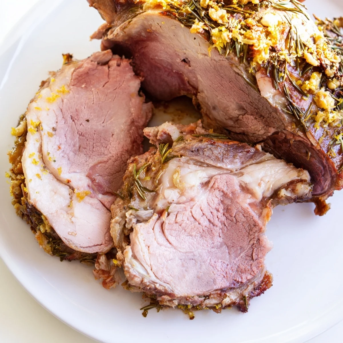 Ready to serve, this roasted lamb leg with rosemary and garlic features golden crust and drippings, paired with red wine and crusty bread.