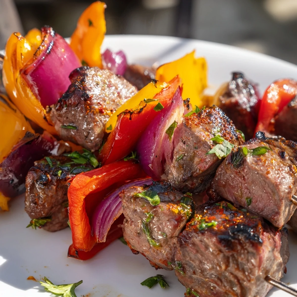 Sizzling Beef Kebabs with Bell Peppers and Red Onion fresh off the grill, showcasing juicy charred beef and tender vegetables on skewers.