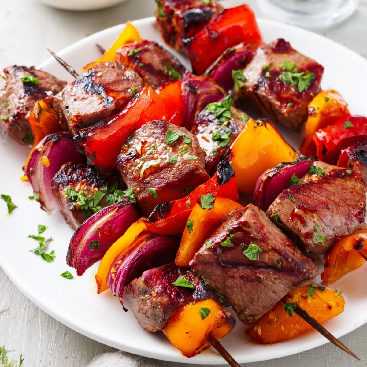 Golden Beef Kebabs with Bell Peppers and Red Onion are plated with fluffy rice and lemon wedges for a bright Mediterranean dinner.