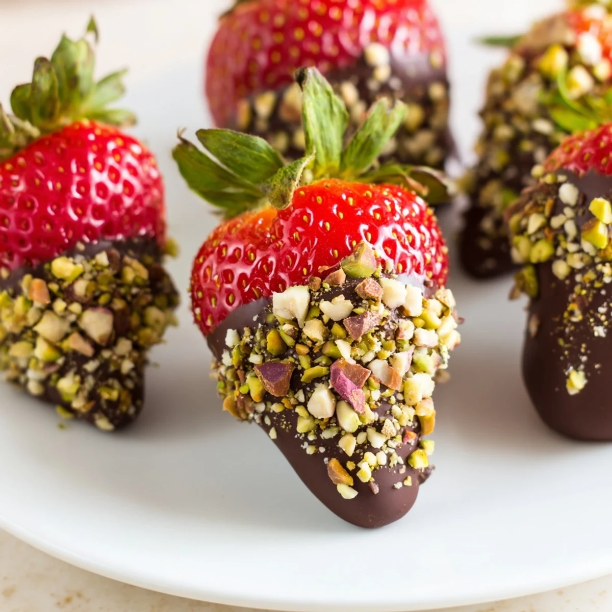 Sixteen fresh Chocolate Dipped Strawberries with Chopped Nuts displayed on a rustic wooden board, showcasing the glossy chocolate coating and nutty texture.