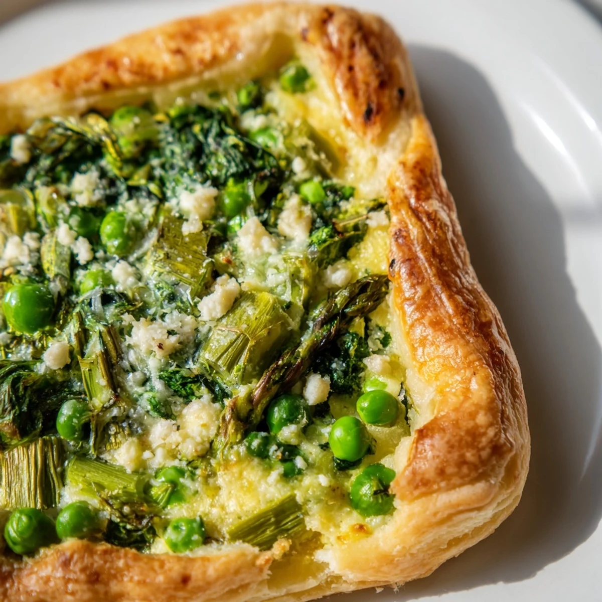 Spring Vegetable Quiche with Flaky Crust cut into a slice, revealing tender asparagus and creamy egg filling.