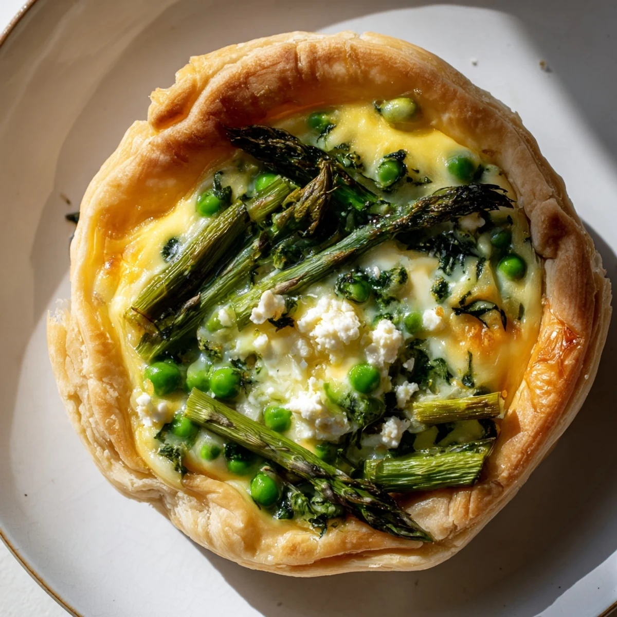 Spring Vegetable Quiche with Flaky Crust topped with melted Gruyère, served warm on a rustic table.
