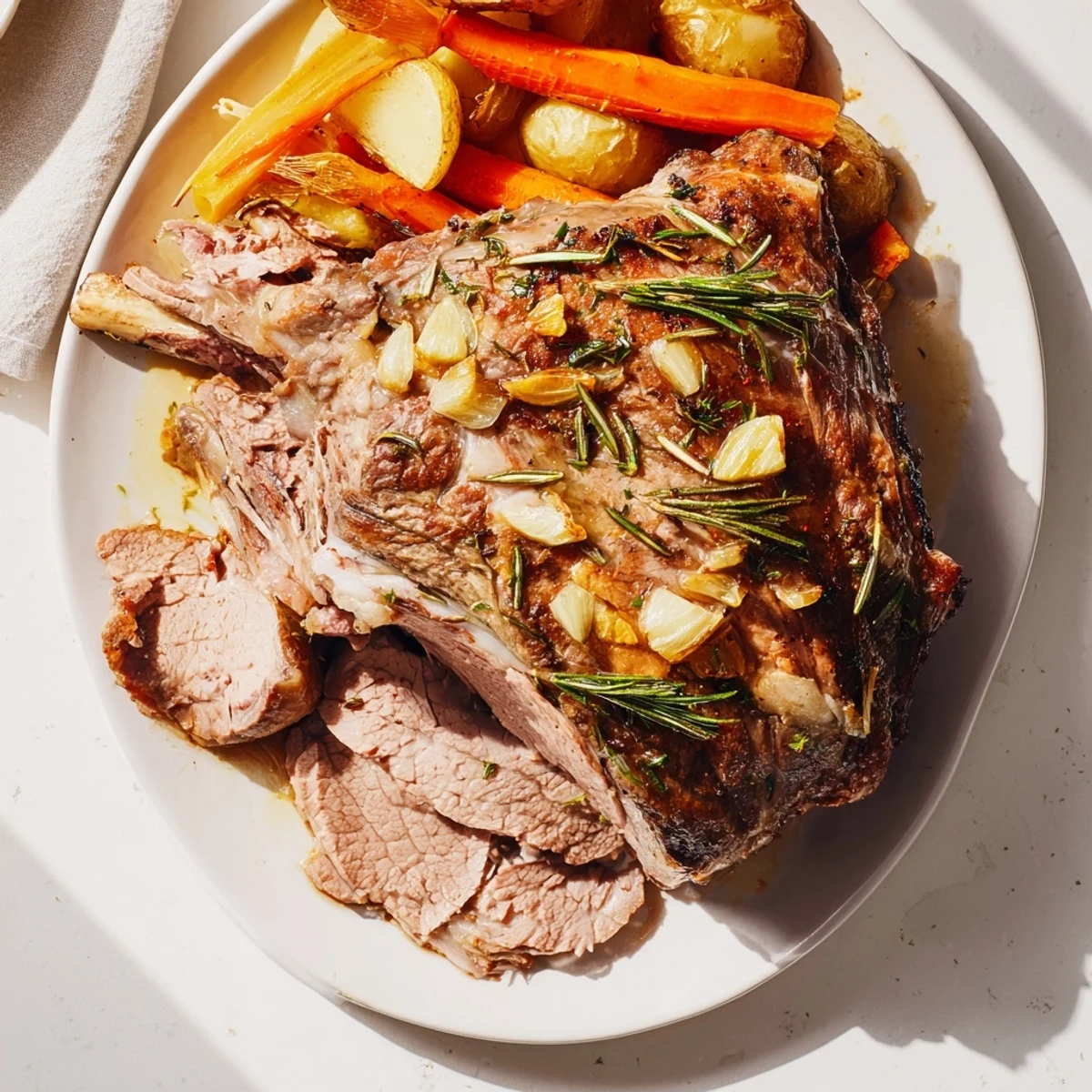 Sliced Roasted Lamb Leg with Rosemary and Garlic displayed on a platter, revealing juicy pink interior and garnished with fresh rosemary sprigs.