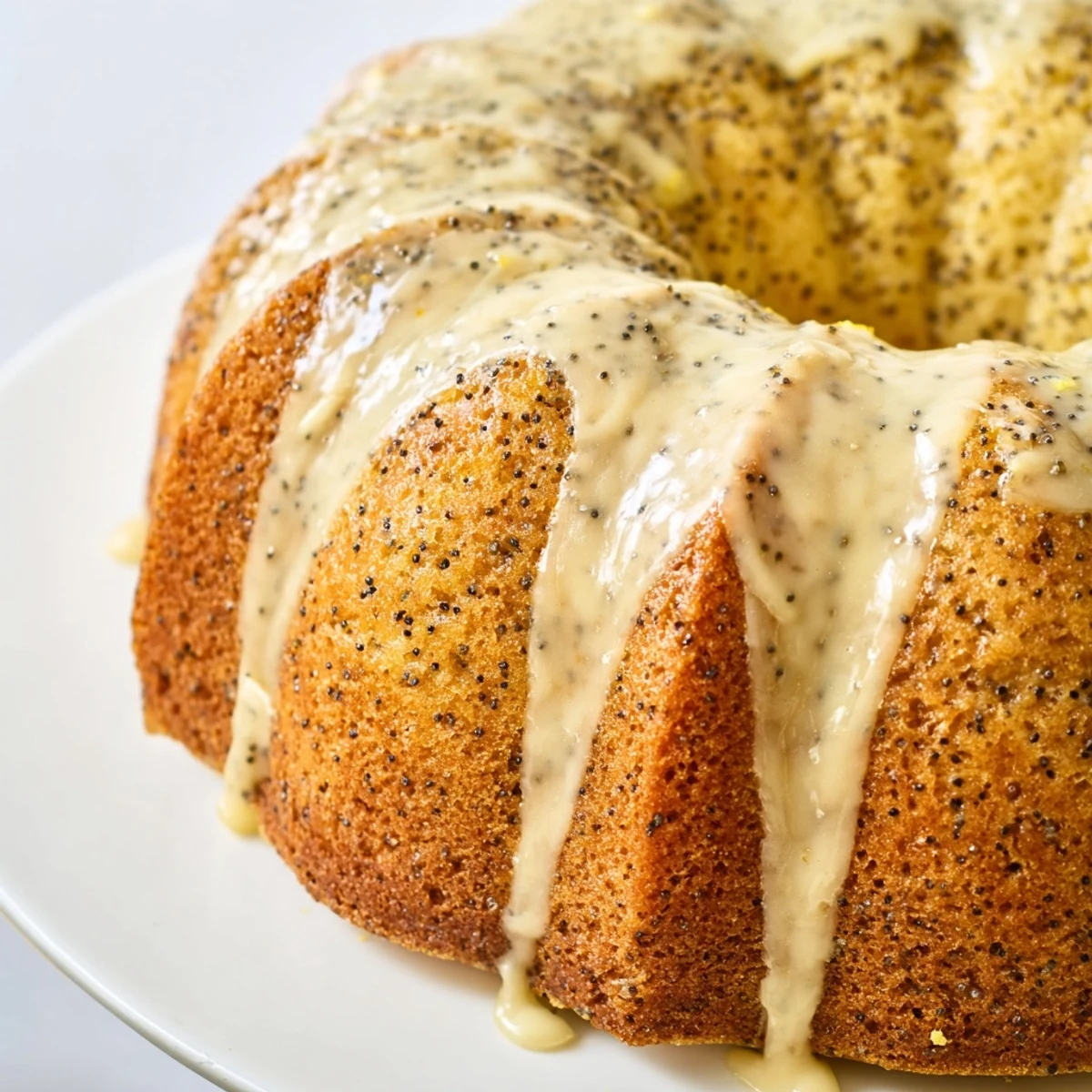 The finished Lemon Poppy Seed Bundt Cake with Icing sits on a cooling rack, ready to be served with fresh berries and tea.