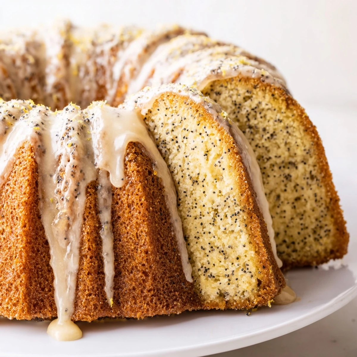 A close-up of the Lemon Poppy Seed Bundt Cake with Icing, showing a moist crumb with specks of poppy seeds and a drizzle of glaze.