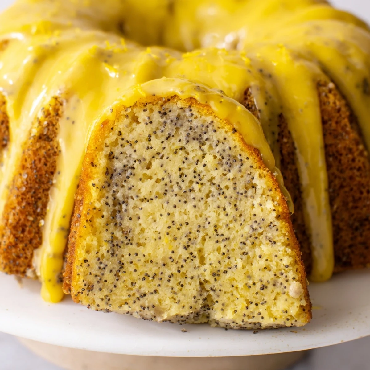 Overhead shot of a Lemon Poppy Seed Bundt Cake with Icing, highlighting the golden-brown crust and tangy white glaze on the classic bundt shape.