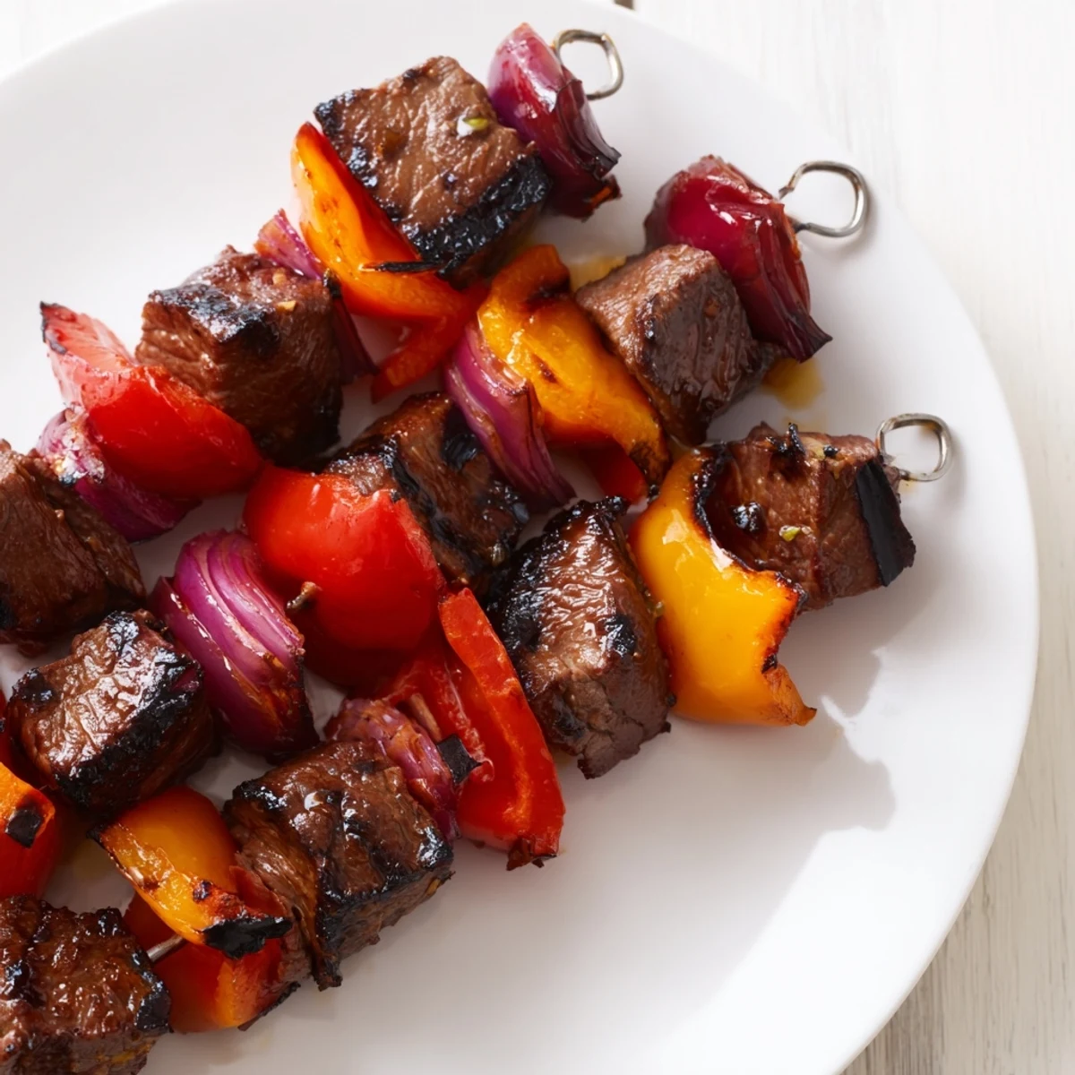 Beef Kebabs with Bell Peppers and Red Onion on a grill with char marks and smoky steam rising.