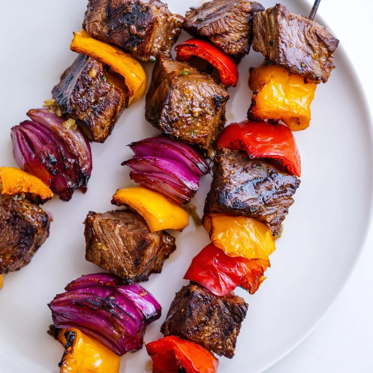 Close-up of Beef Kebabs with Bell Peppers and Red Onion showing juicy beef and crisp vegetables.