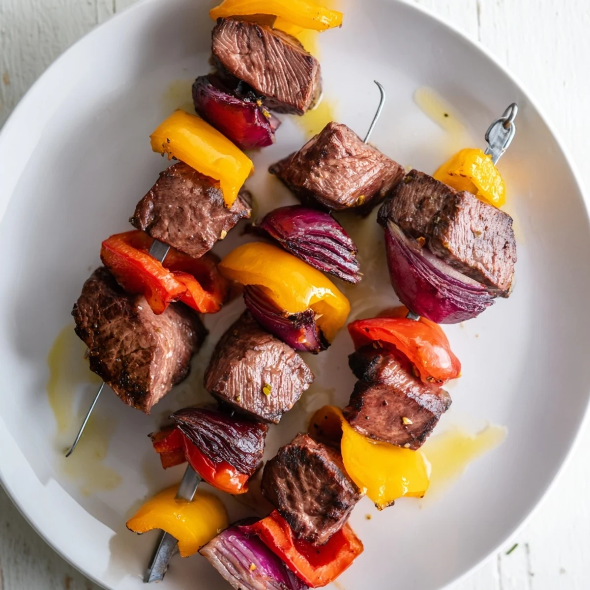 Sizzling Beef Kebabs with Bell Peppers and Red Onion served on a platter with fresh herbs.