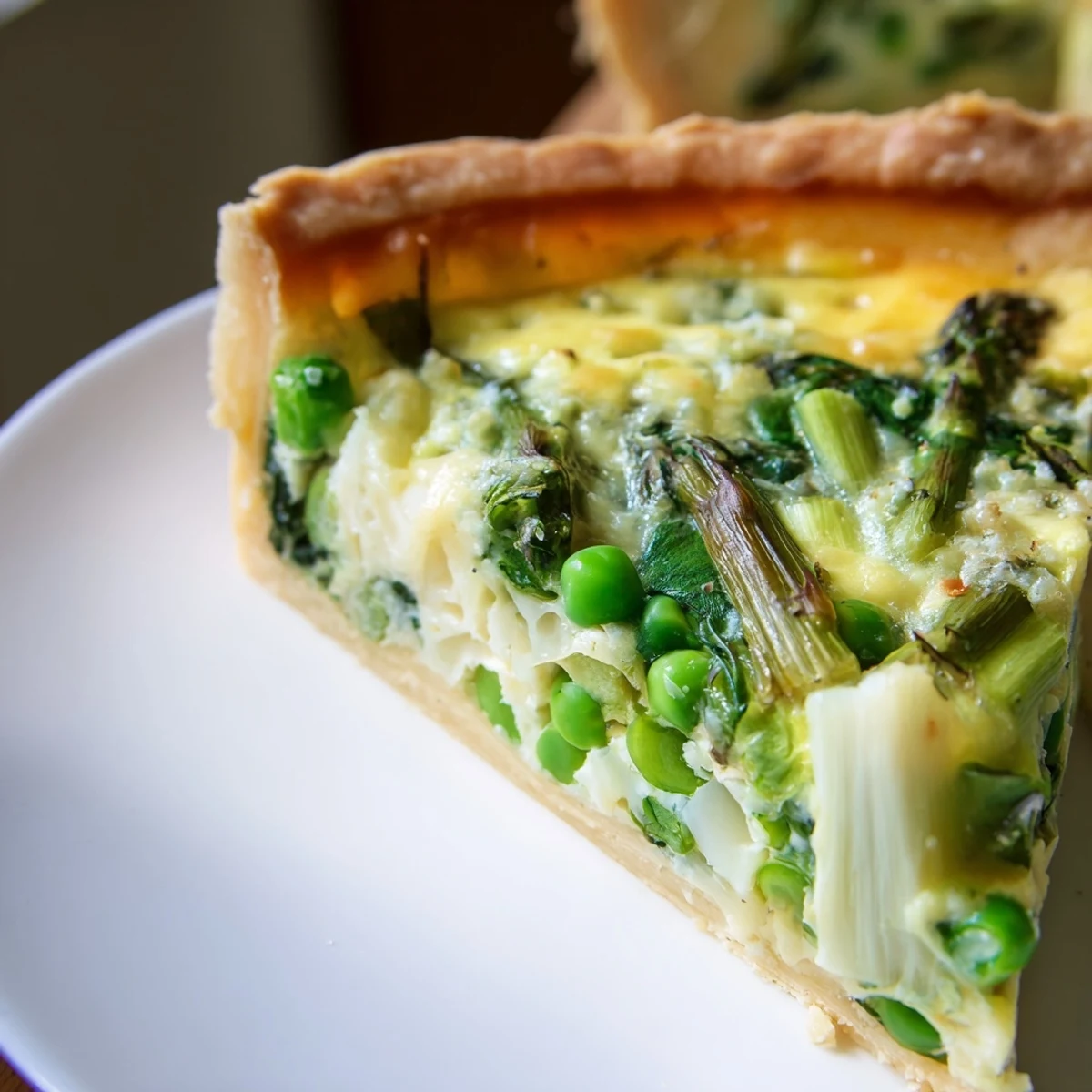 Fresh Spring Vegetable Quiche featuring vibrant green peas and leeks, garnished with chives on a rustic table.