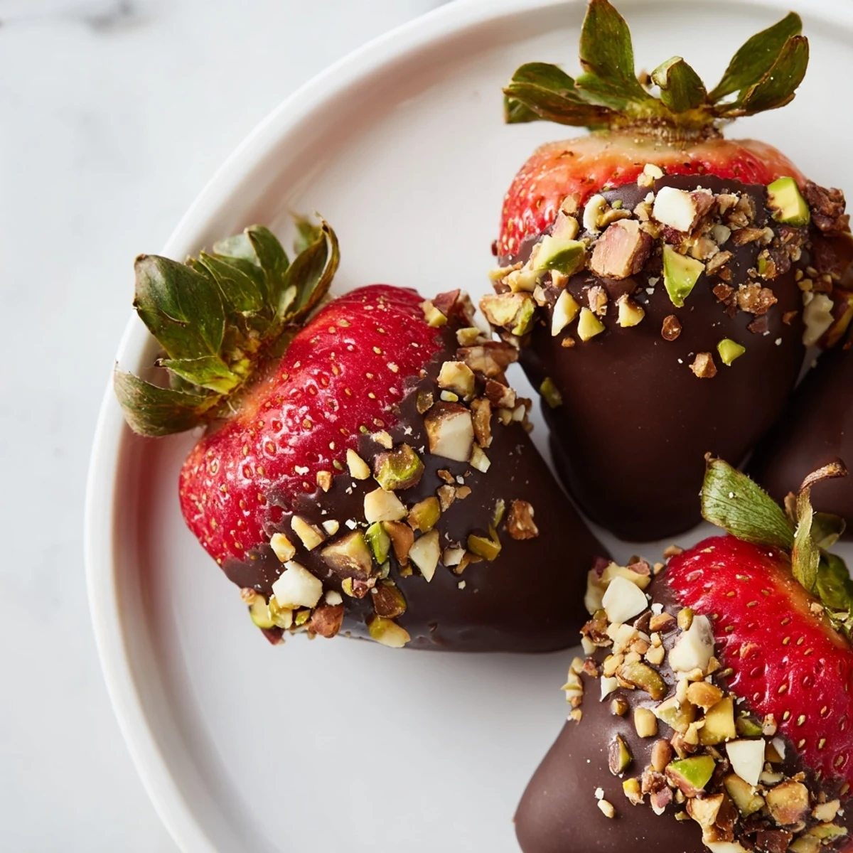 A close-up shows chocolate dipped strawberries with nuts glistening on a parchment-lined tray, ready to serve.