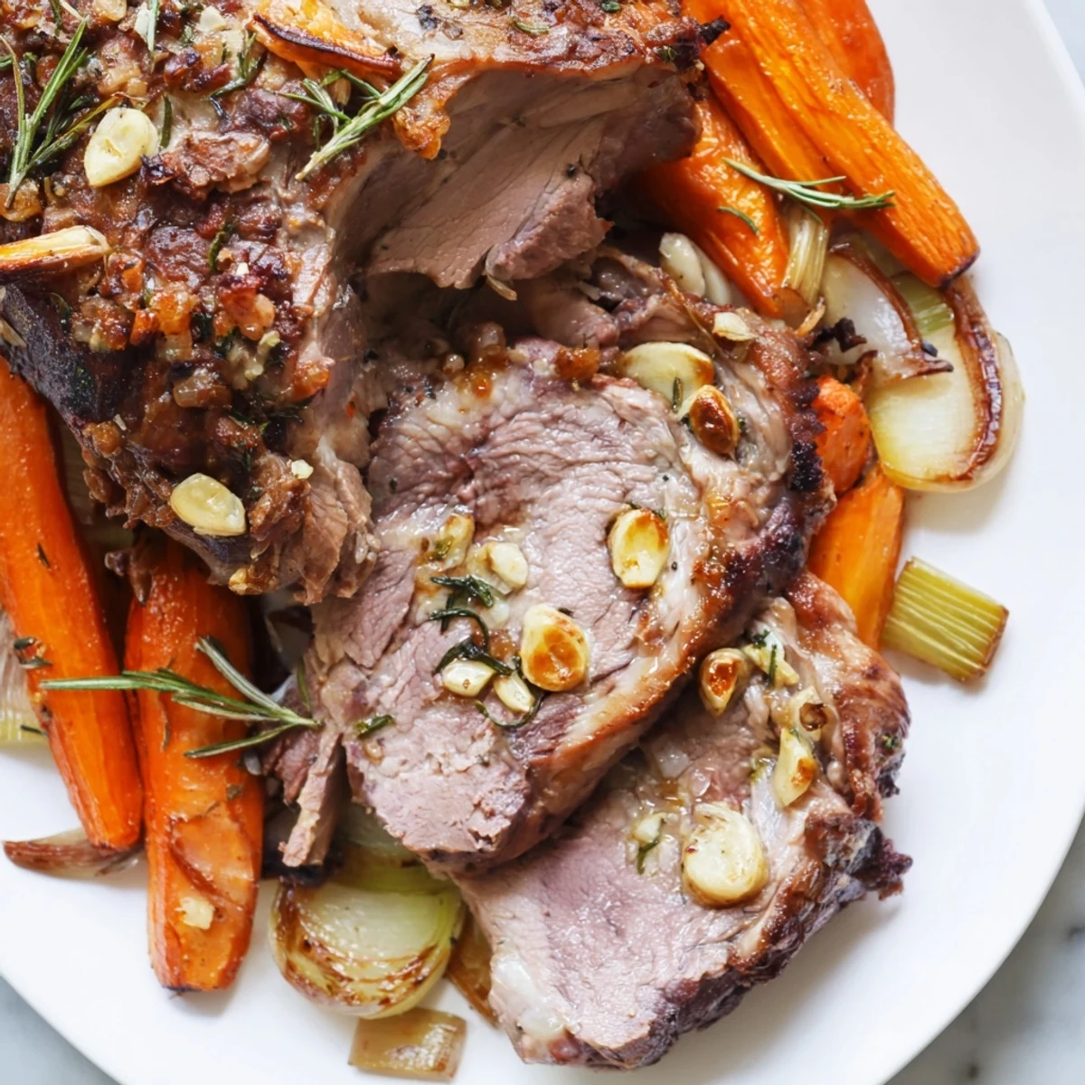 Juicy, roasted lamb leg seasoned with rosemary and garlic, ready to slice for dinner.