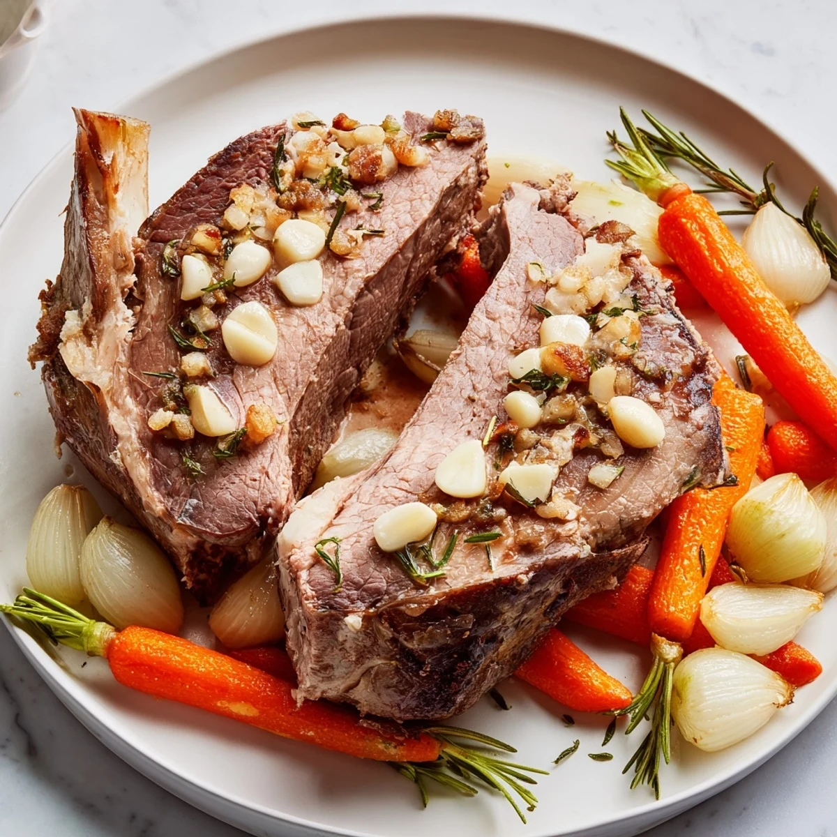 Tender, slow-roasted lamb leg, a Mediterranean classic, paired with rich garlic and herb flavors.