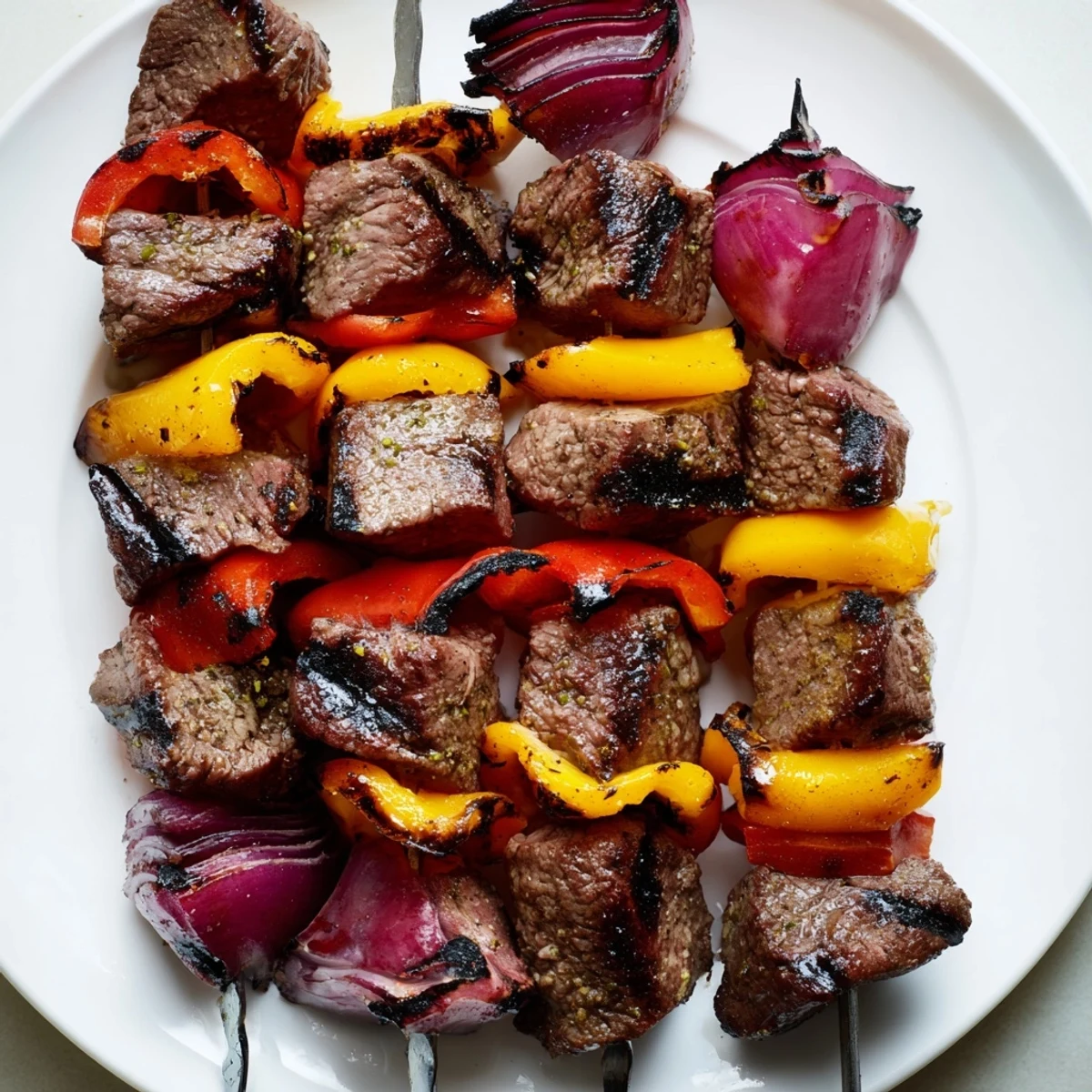 Juicy Beef Kebabs with Bell Peppers and Onions sizzling on a grill with char marks and vibrant colors.  