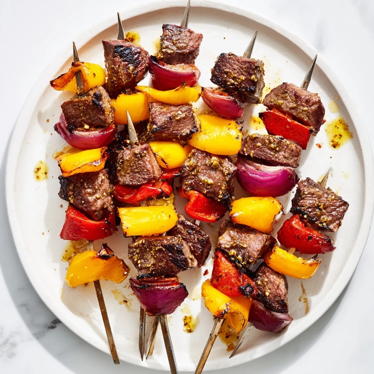 Golden brown Beef Kebabs with Bell Peppers and Onions served on a platter alongside fluffy rice pilaf.  