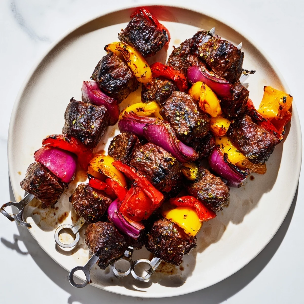 Colorful Beef Kebabs with Bell Peppers and Onions skewers resting on a wooden board with fresh herbs.