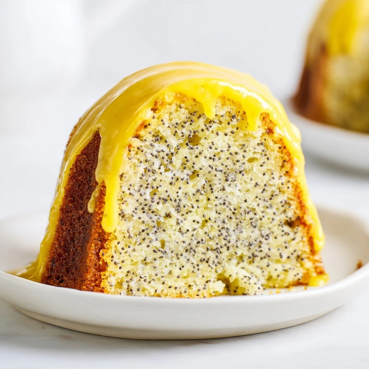 Sliced into generous wedges, this Lemon Poppy Seed Bundt Cake reveals a fluffy interior and pairs perfectly with a hot cup of coffee.