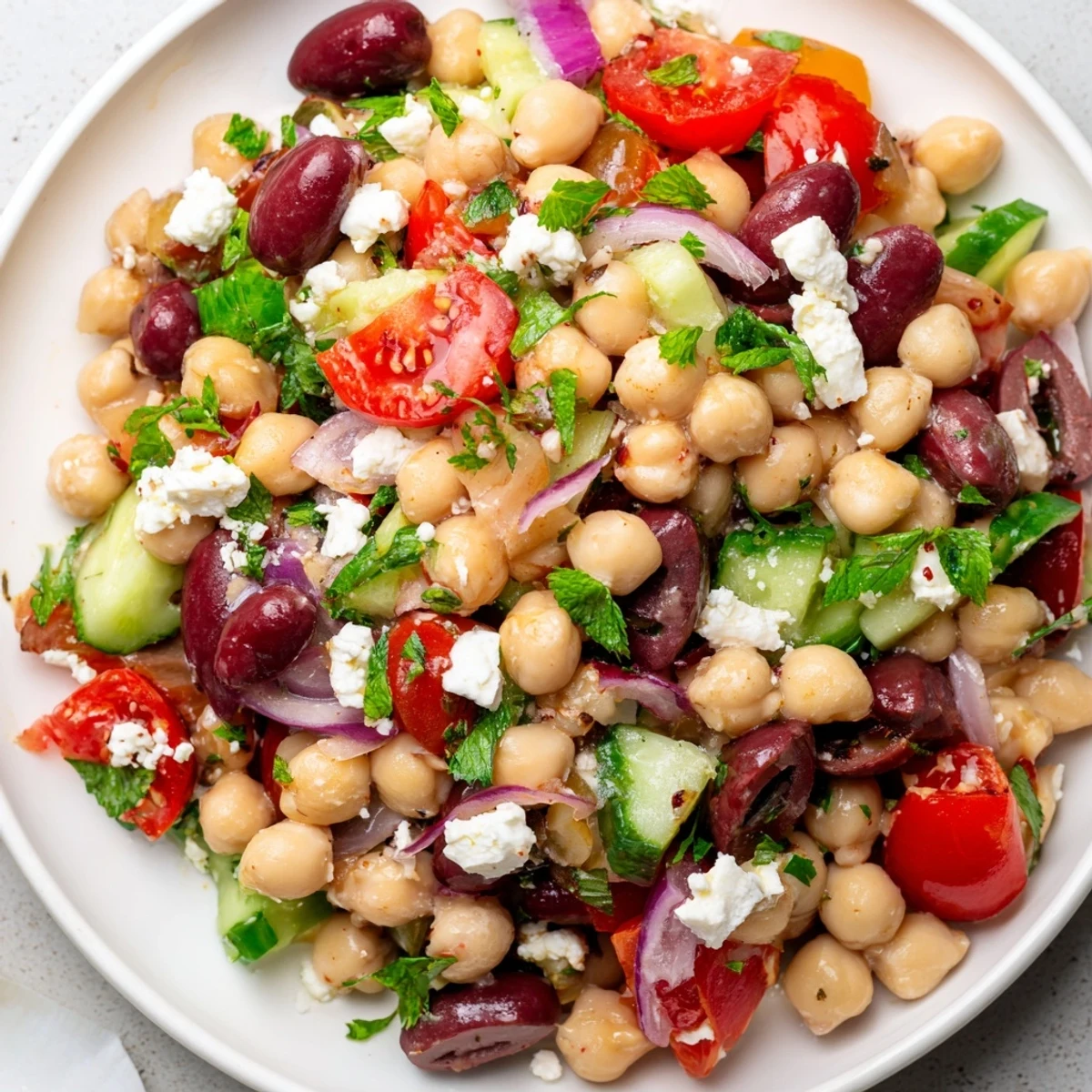 Vibrant Mediterranean Dense Bean Salad tossed with beans, herbs, and tangy lemon-olive oil dressing, served as a healthy side with pita bread.