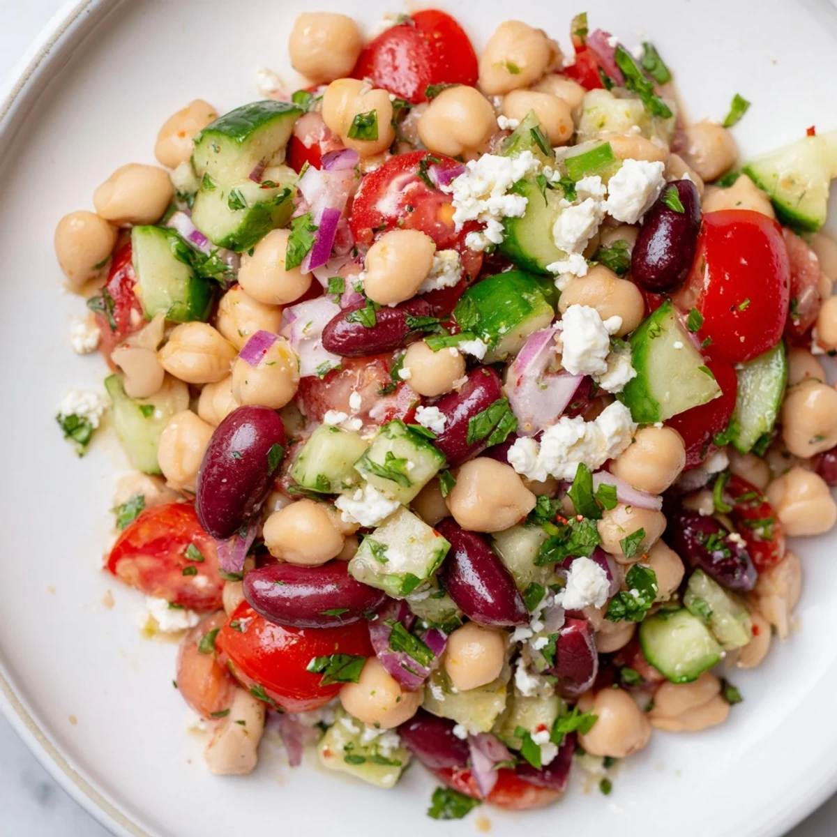 Close-up of Mediterranean Dense Bean Salad featuring colorful beans, diced vegetables, and feta, ready to eat at a summer picnic or lunch.
