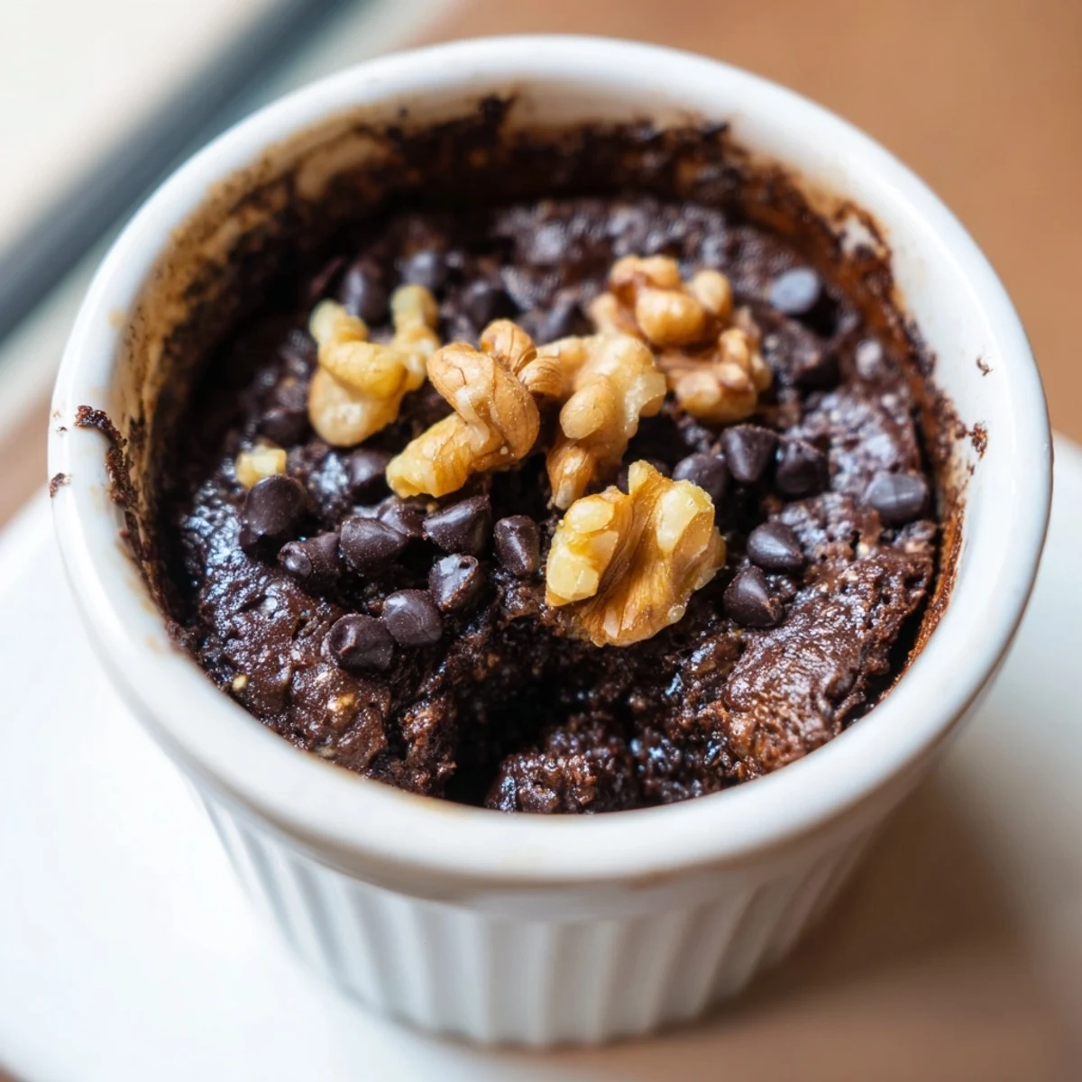 Warm, fudgy Easy Chocolate Baked Oats served in a ramekin with melted chocolate chips on top.