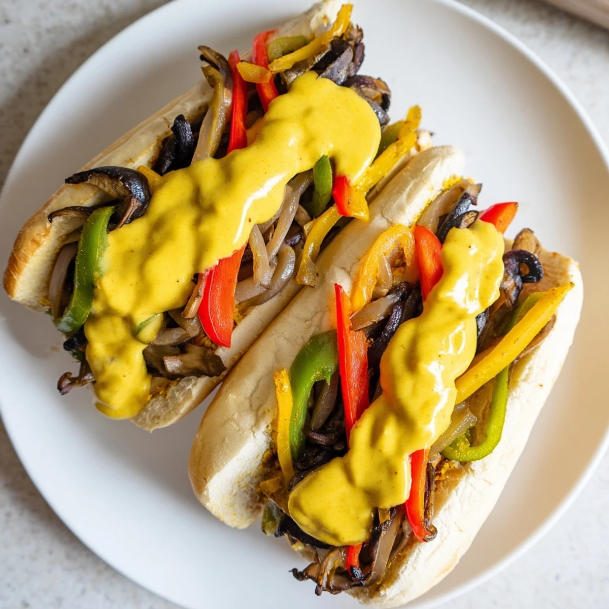 Toasted hoagie rolls are generously stuffed with a savory mixture of sautéed mushrooms, peppers, and onions for this Vegan Philly Cheesesteaks.