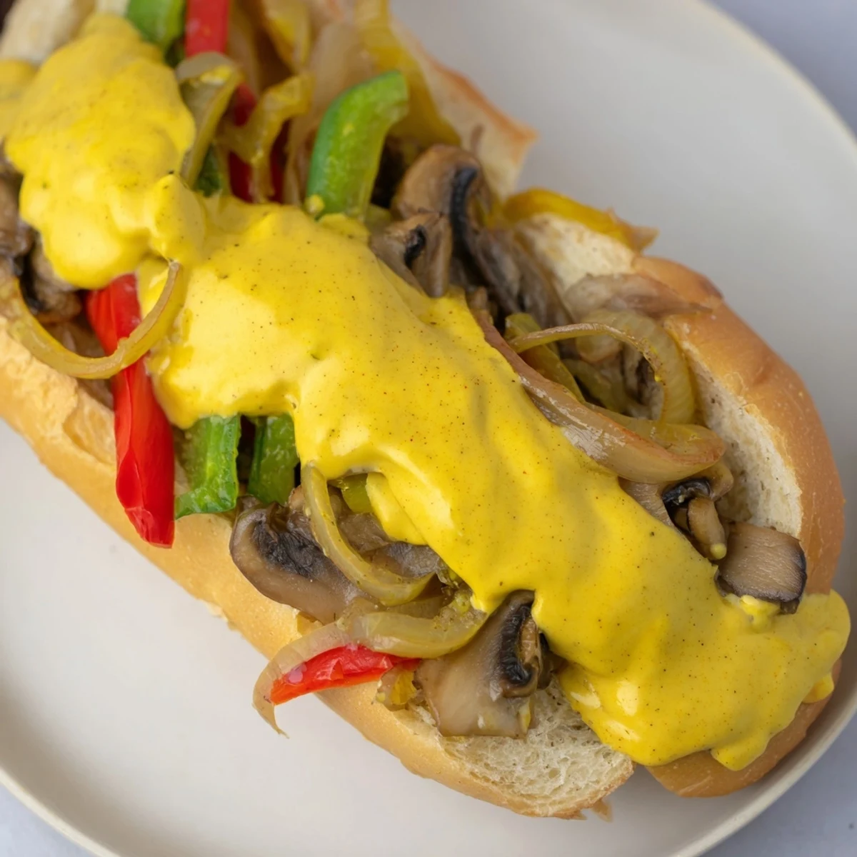 A creamy, golden vegan cheese sauce drizzles over the filling of this hearty Vegan Philly Cheesesteaks, ready to be served hot.
