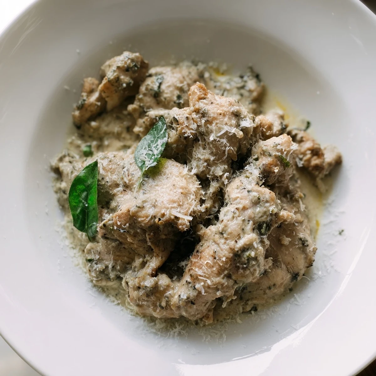 Savory Pesto Ranch Crock Pot Chicken Thighs served over fluffy mashed potatoes with fresh basil garnish.