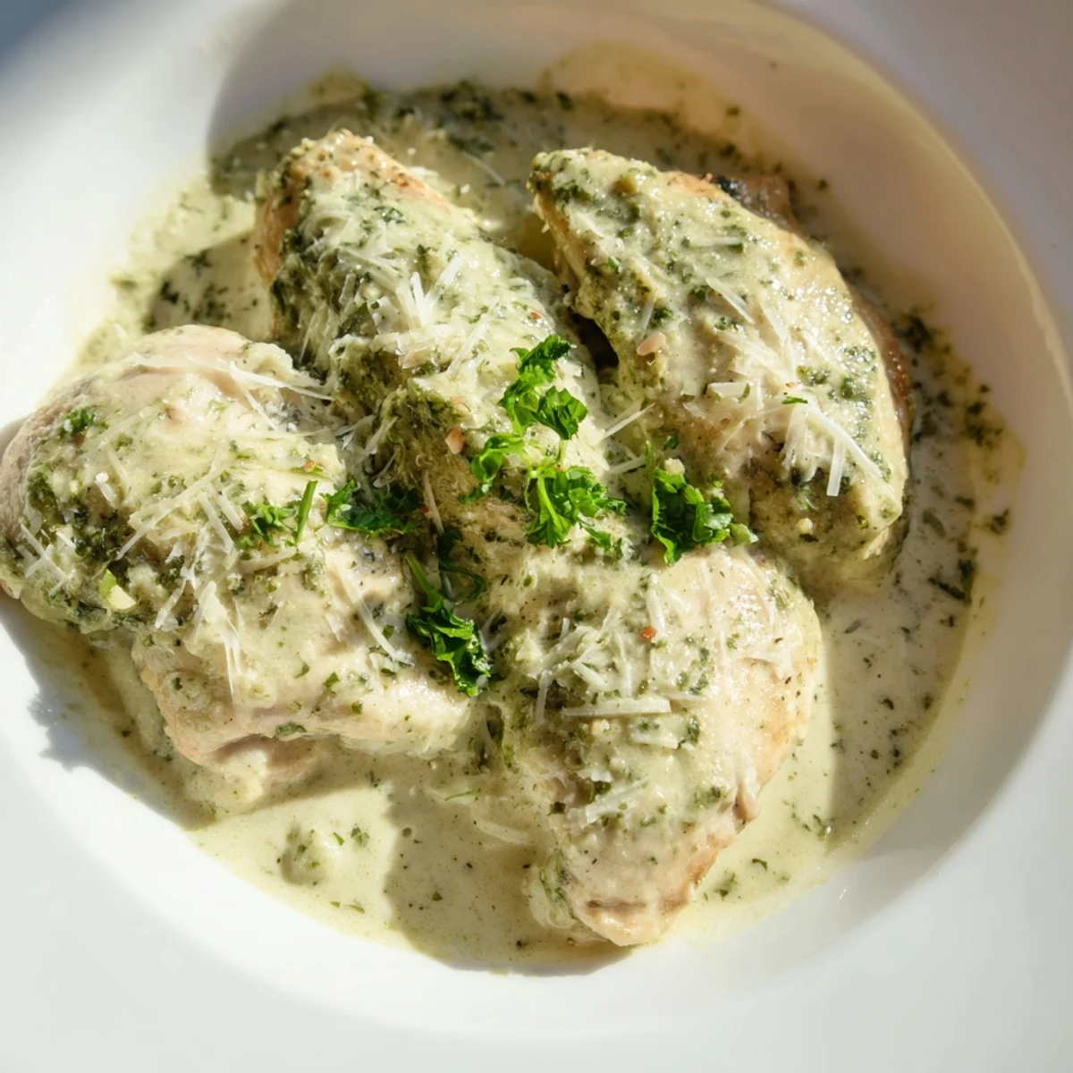 Tender Pesto Ranch Crock Pot Chicken Thighs in creamy green sauce, ready for a cozy weeknight family dinner.
