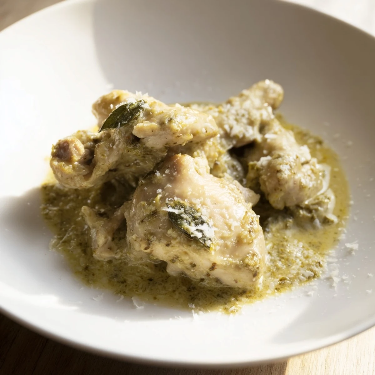Slow-cooked Pesto Ranch Crock Pot Chicken Thighs with rich aroma, paired beside steamed broccoli and crusty bread.
