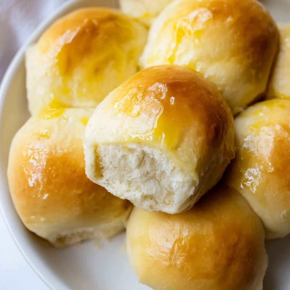 A close-up of a split Best Vegan Dinner Roll revealing soft, pillowy interior, placed beside a pat of vegan butter.  