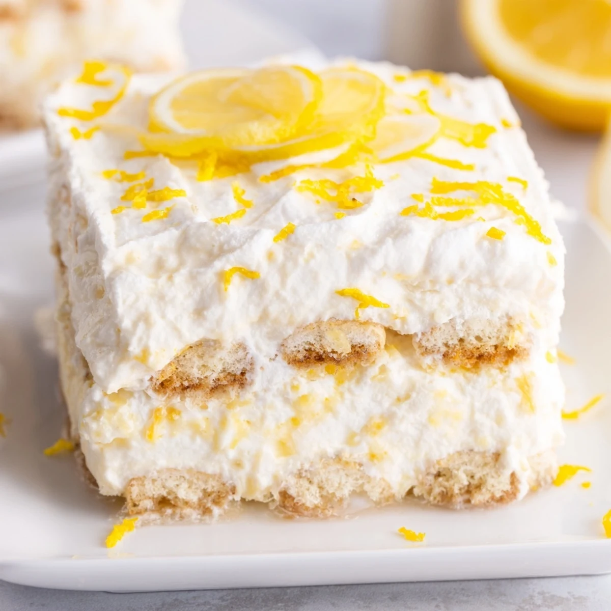 A chilled slice of Easy Lemon Tiramisu No Bake Dessert sits beside a glass of white wine for a summer gathering.